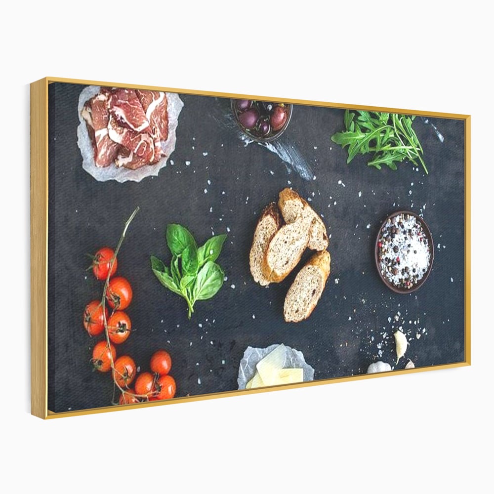 Tablou canvas cu natura moarta cu ingrediente italiene, in rama de aluminiu auriu
